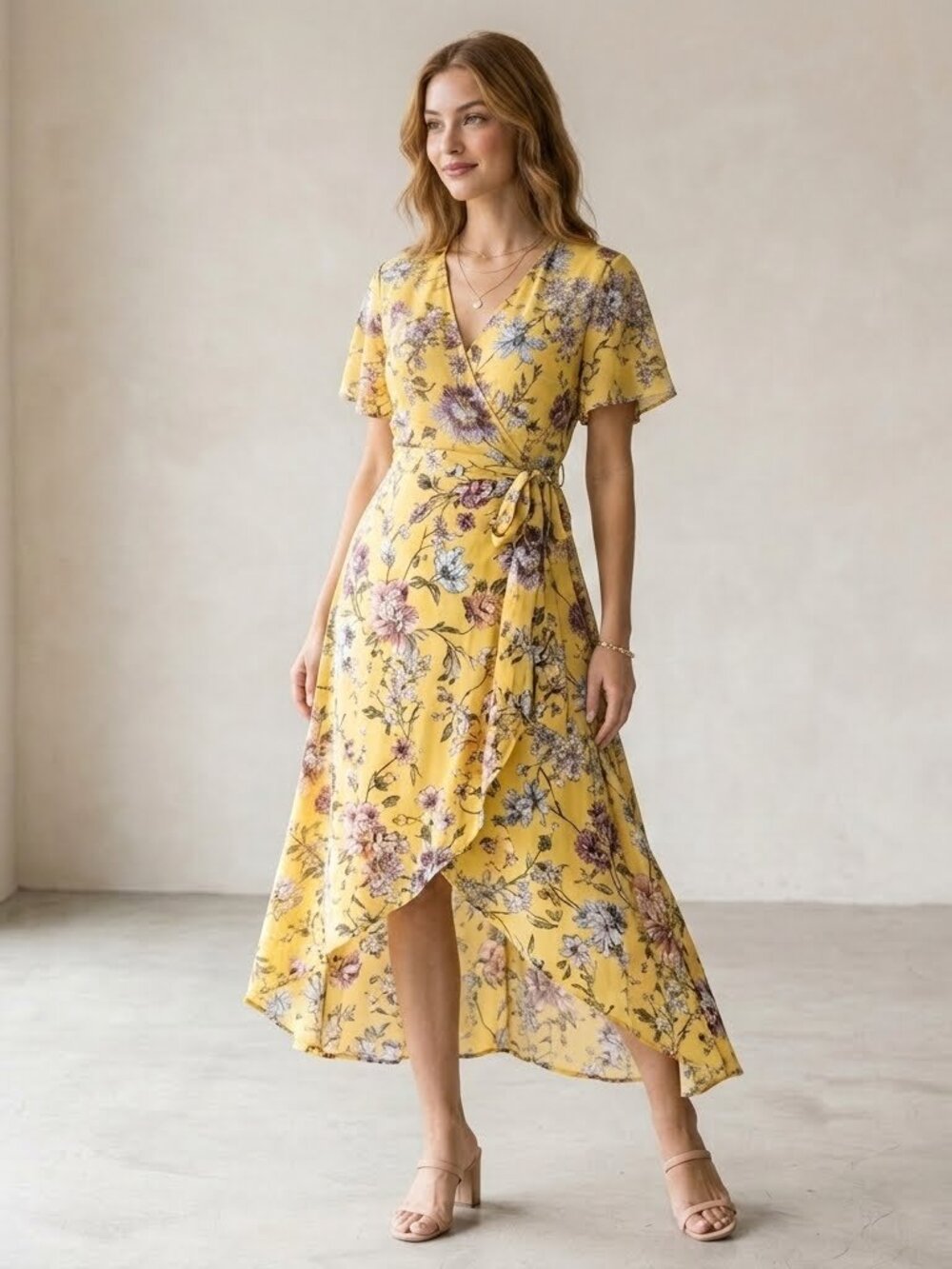 No Boundaries Yellow Floral Wrap High-Low Dress Size L